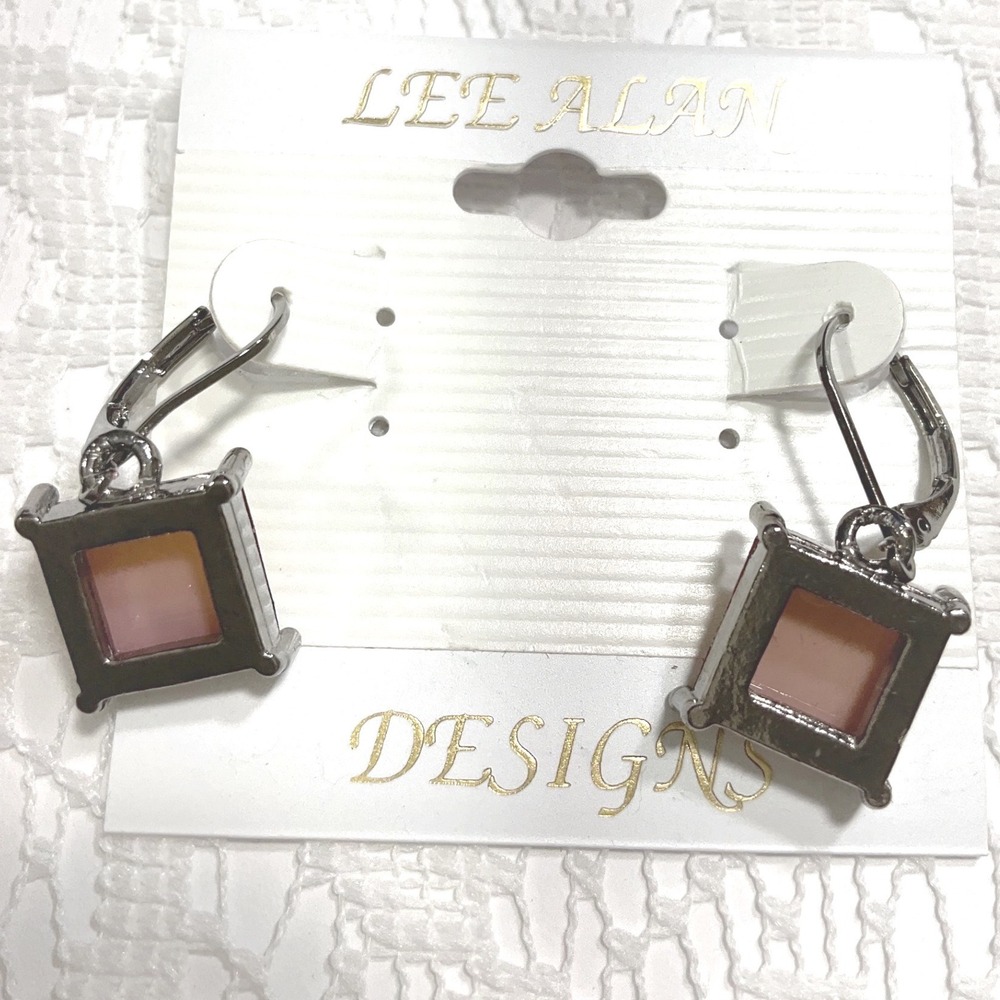 Lee Alan Designs Silver Tone Earrings Square Amber Dangle Lever Back Jewelry - Picture 5 of 6